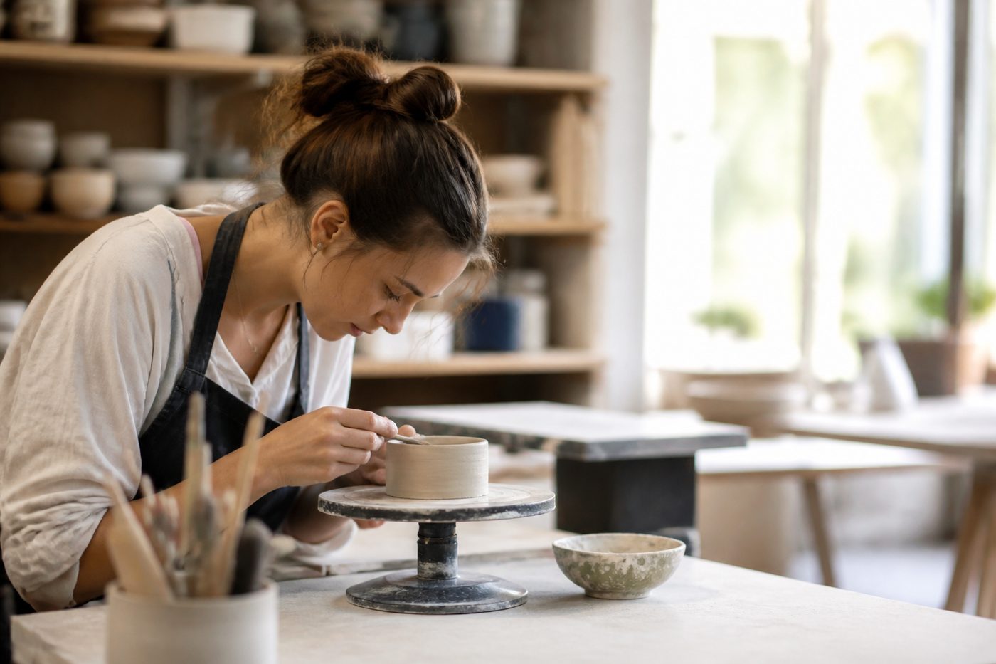 Sur une table de cuisine en bois, un carton de faire-part de naissance posé à plat près d'un stylo et d'une enveloppe timbrée, lumière douce de fin de matinée venant d'une fenêtre latérale, cadrage serré en plongée.