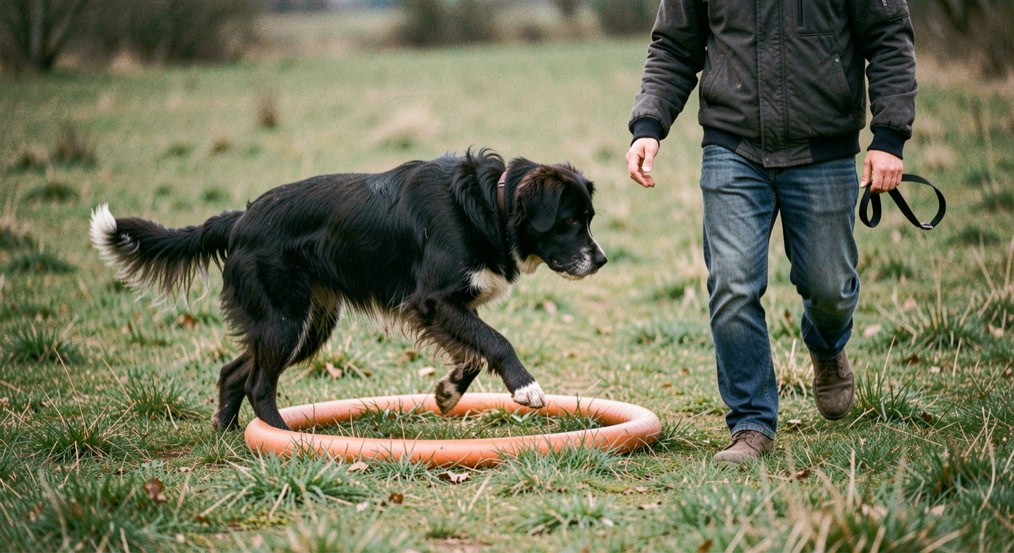 Un chien de berger franchit un cerceau bas posé au sol sur un terrain herbeux, son conducteur marchant à côté pour indiquer la direction.
