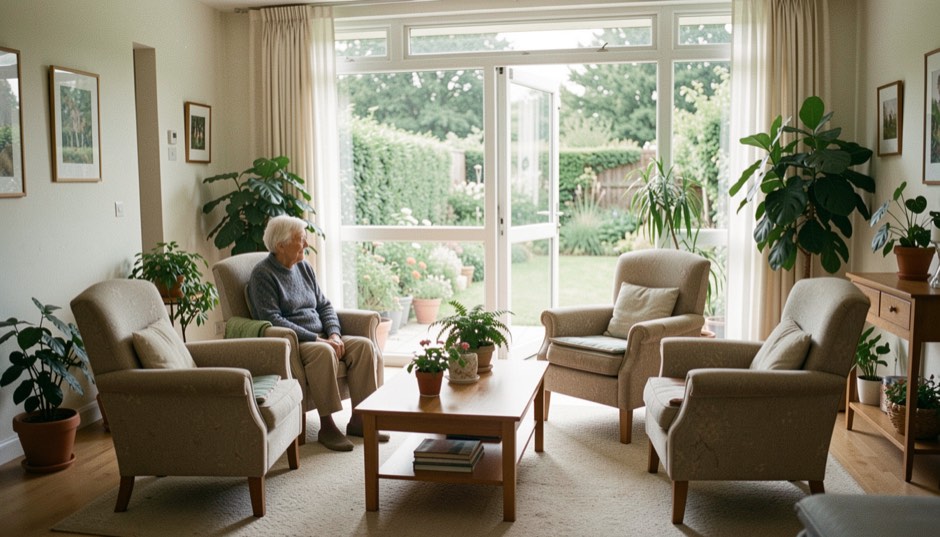 Séjour lumineux d'une résidence pour personnes âgées : fauteuils disposés autour d'une table basse, plantes vertes, large baie vitrée ouvrant sur un jardin.