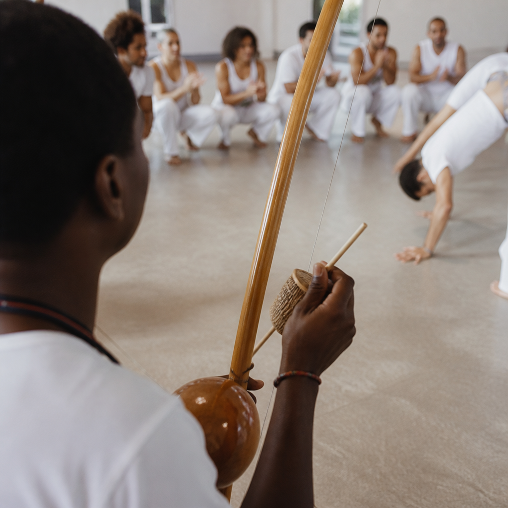 Roda de capoeira : cercle de pratiquants en pantalon blanc frappant dans les mains, un joueur de berimbau au premier plan.