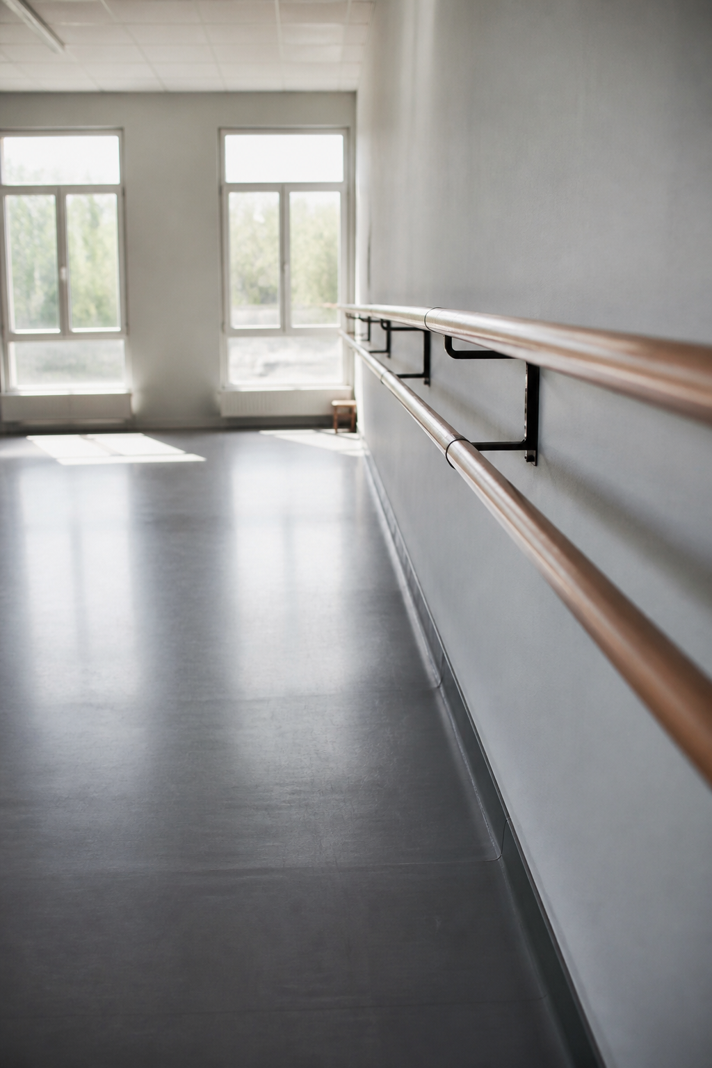 Salle de danse vide : barre en bois fix&eacute;e le long d'un mur miroir, parquet clair et lumi&egrave;re du jour par de hautes fen&ecirc;tres.