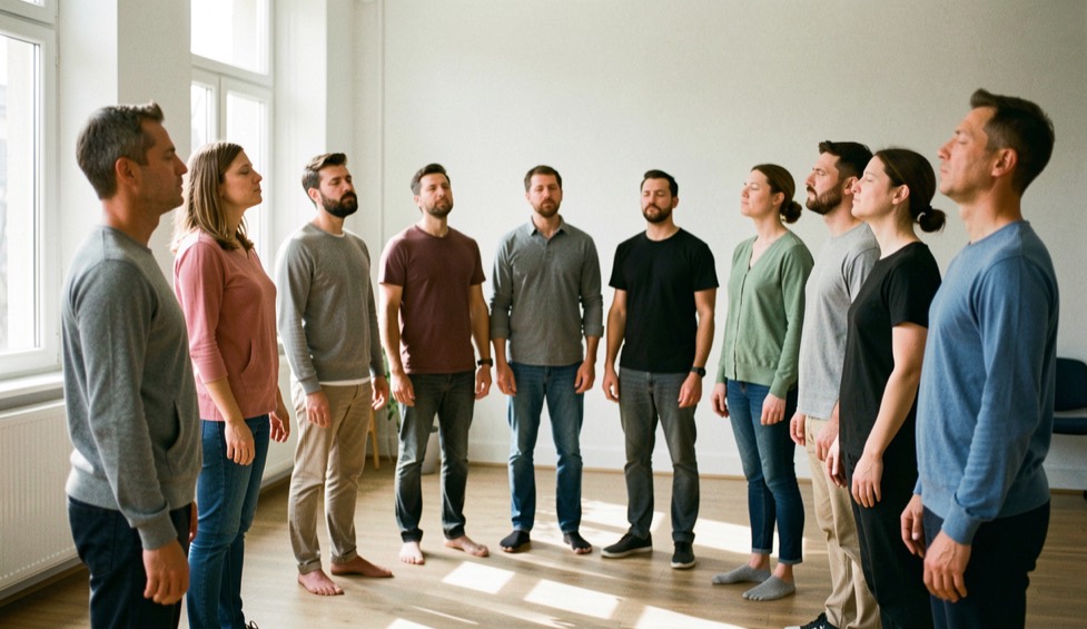 Groupe d'adultes debout en demi-cercle dans une salle lumineuse, yeux fermés et bras relâchés le long du corps, pendant un exercice de respiration guidé.